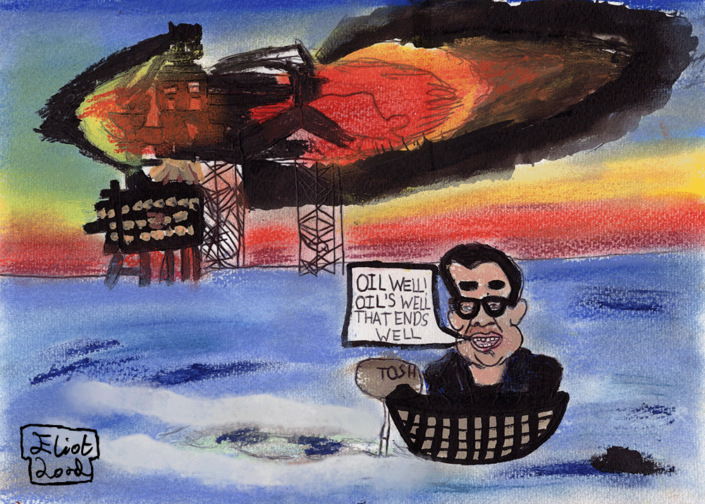 Andy Burnham floating away from a burning oil rig in an oarless boat whilst saying 'Oil well. Oil's Well that Ends Well'